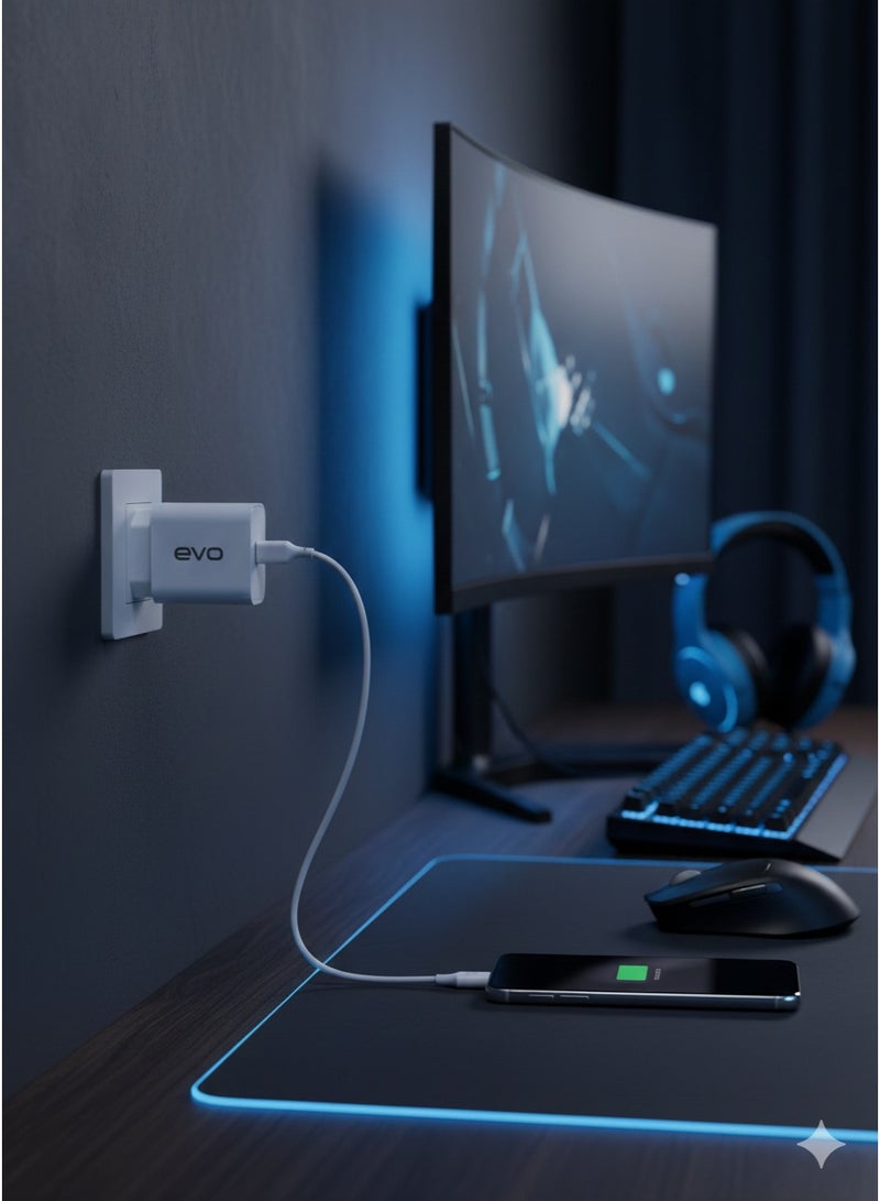 إيفو شاحن جداري مزدوج بمنفذي USB من طراز C01، مزود بمخرج سريع بقوة 2.4 أمبير، وتقنية شحن ذكية، ويتضمن كابل USB إلى Type-C بطول 100 سم، بتصميم صغير الحجم ومتين، يوفر طاقة آمنة وفعالة للهواتف الذكية والأجهزة اللوحية والعديد من الأجهزة الأخرى. - Image 3